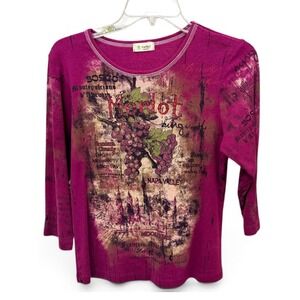CACTUS Merlot Wine Graphic Top Burgundy M Rhinestone 3/4 Sleeve Y2K Vintage 90s‎